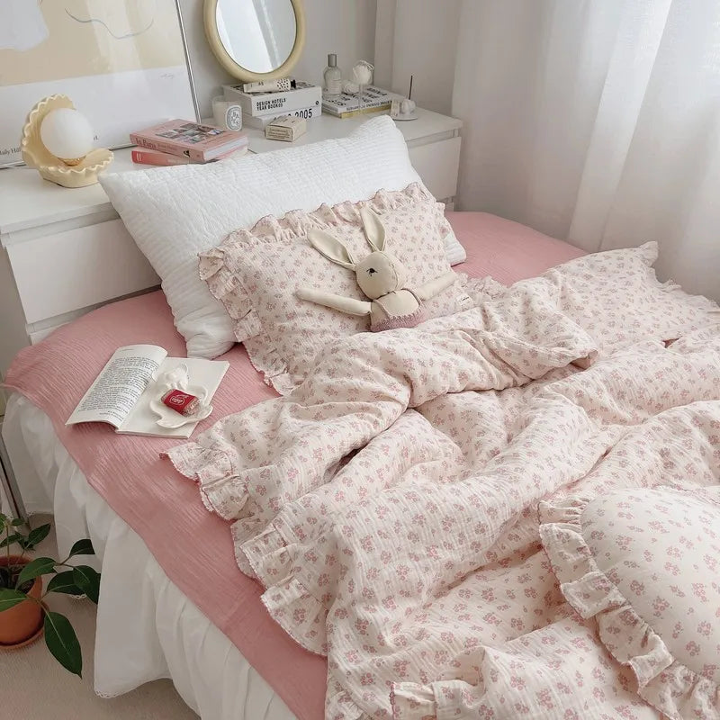 Korean Vintage Floral Printed Ruffled Cotton Baby Duvet Cover Kids Children Infant Cot Crib Duvet Covers Quilt Cover Bedding