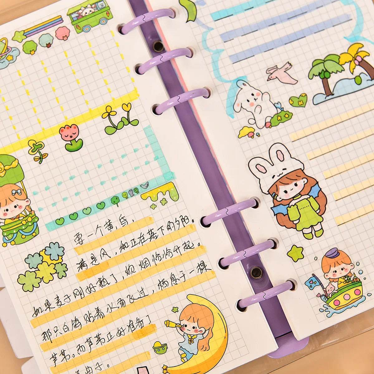 100 PCS Kawaii Stationery Stickers Back to School Supplies Adhesive Paper Cartoon Pattern Decoration Aesthetic DIY Scrapbook - AIAZ