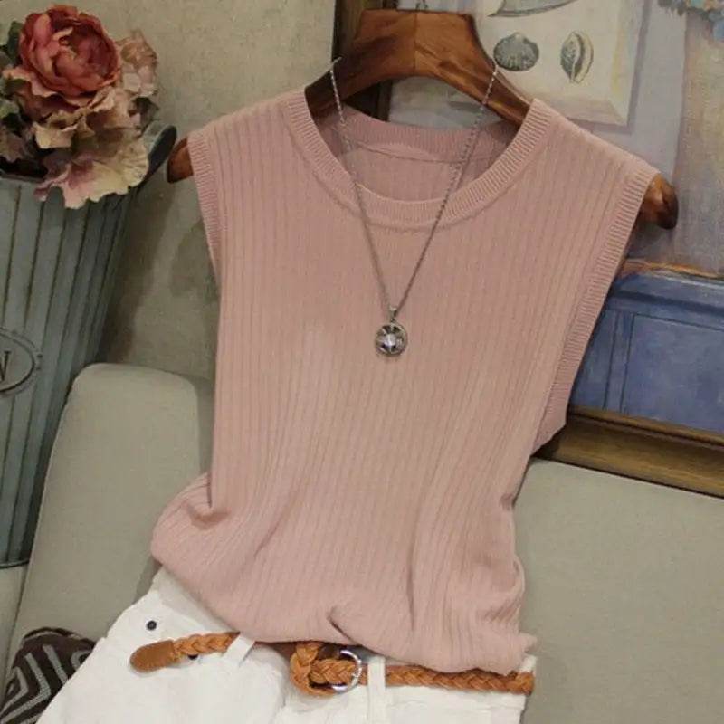 2025 Summer New Fashion Knitted Vests O-neck Sleeveless Casual Thin Tops Sleeveless Blouse Women Shirt - AIAZ
