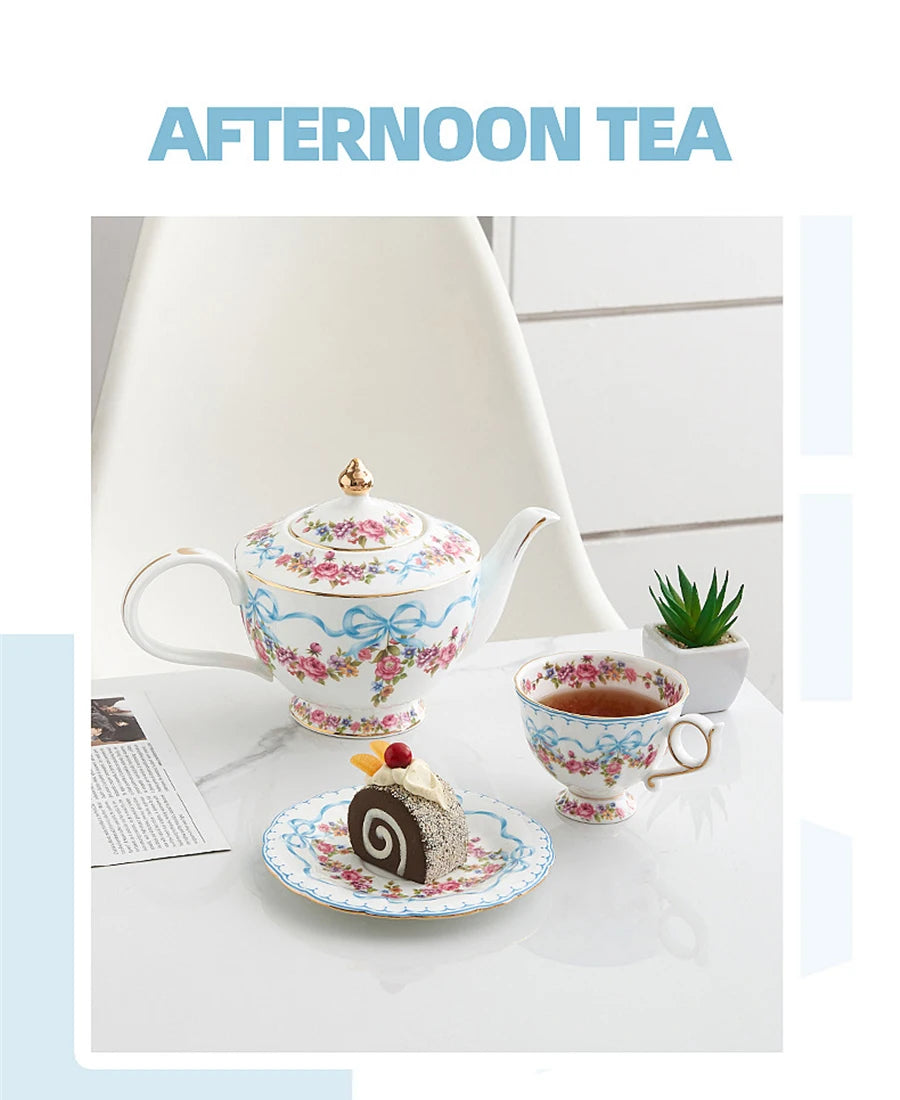 Ceramic Cup and Saucer Retro Bone China Coffee Cup French Romantic Elegant Floral Bow Afternoon Tea Drinkware Handmade Teapot