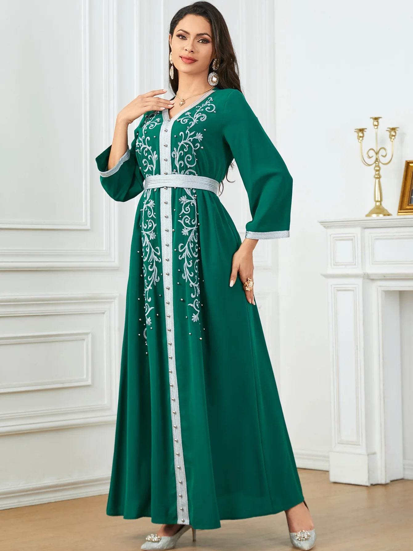 Muslim Fashion Beading Ebroidered Print V-neck long-sleeved Dress Moroccan Islamic Dress With Belt Elegant Party Dress - AIAZ