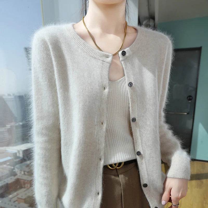 Women's Cardigan 100% Mink Cashmere Sweater,O-Neck Long Sleeve Top,Plus-Size Loose,Spring and Autumn Soft Knitted Jacket Female - AIAZ