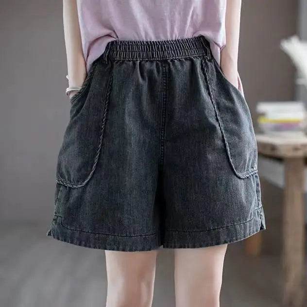 Summer Thin High-waisted Retro Denim Shorts for Women Loose Mid-pants New Wide-leg Large Pocket Five-point Pants - AIAZ