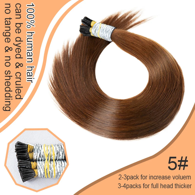 100% Human Hair Straight I Tip Hair Extensions Natural Real Human Fusion Hair Extensions Keratin Capsule Brown 613 Blonde Color