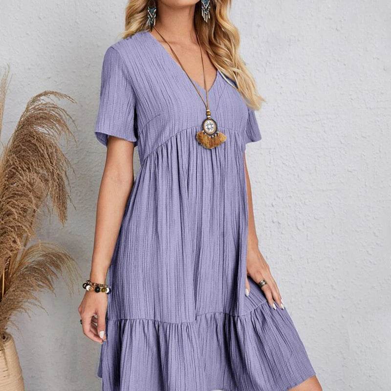 Women Mini Dress Summer Casual Solid V Neck Ruffles A-line Dress Female Fashion Holiday Boho Loose Beach Elegant Dresses Vestido - AIAZ