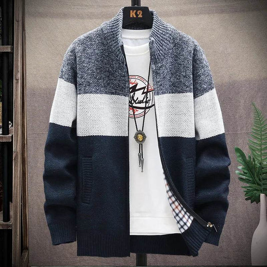 Autumn Winter Cardigan Sweater Men Fleece Zipper Sweaters Velvet Contrast Striped Sweater Coats Casual Jackets - AIAZ