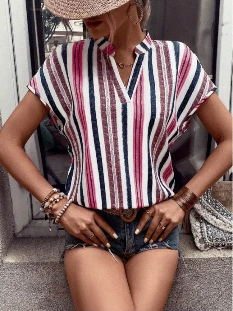 Women's Tops Blouses New 2025 Summer Casual Fashion Striped Print V-neck Short Sleeve Shirt Elegant Women Shirts Tops Streetwear - AIAZ