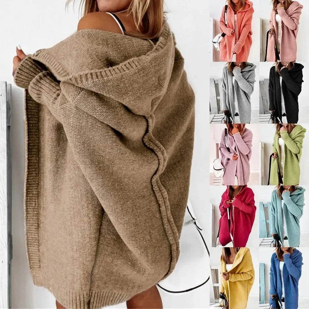 Women's Long Hooded Knitted Cardigan Sweater Warm Winter Overcoat Loose Fit Ladies Jumper Coat Knitwear Comfortable Knit - AIAZ