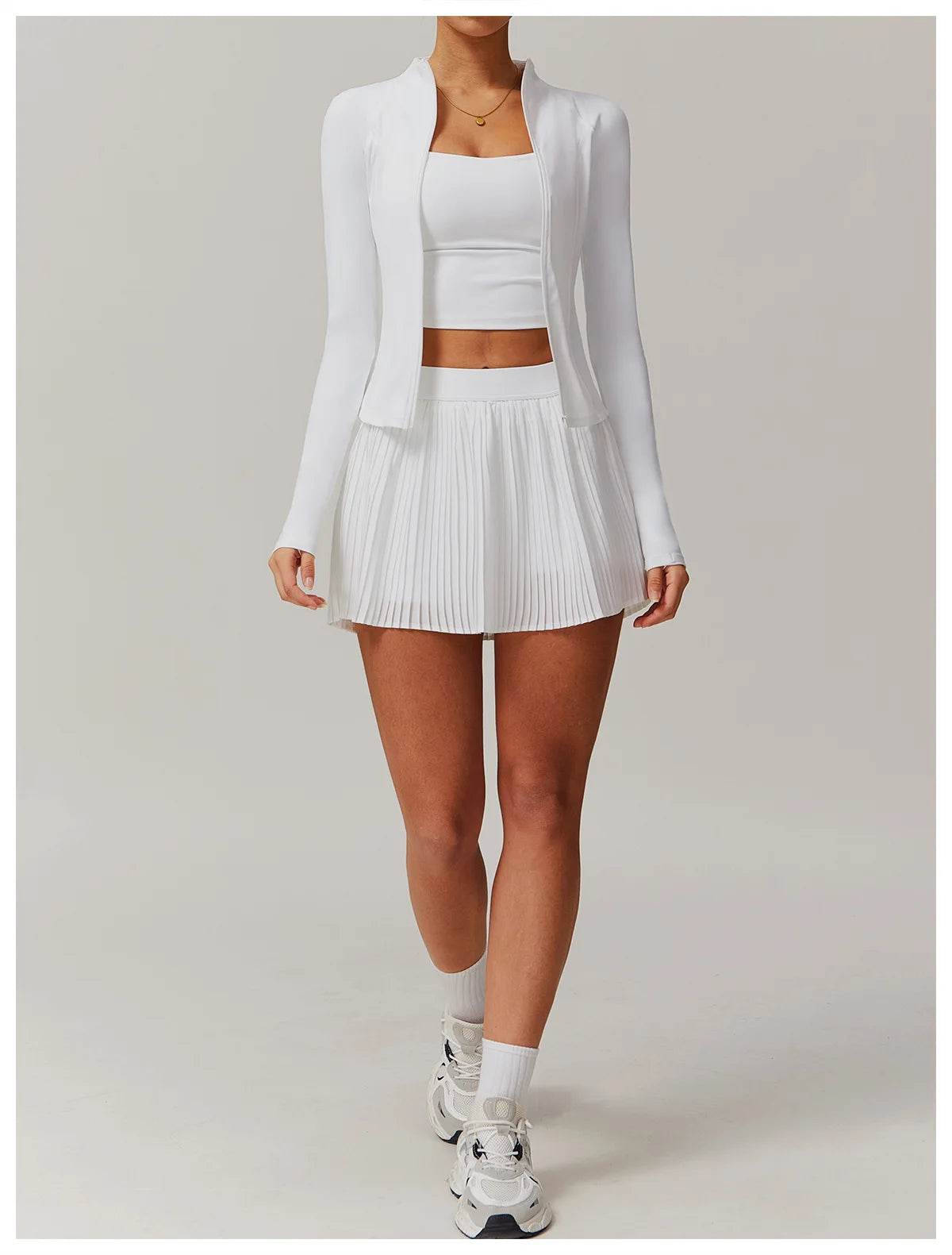 Yoga Sets Workout Sets for Women 2 Pieces Gym Suits Long Sleeved Outfits Zipper Fitness Jacket Running Short Skirt Sportswear - AIAZ
