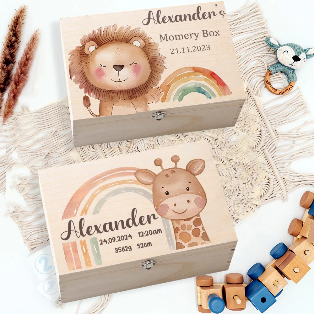 Personalized Keepsake Box Custom Name Memory Boxes Animal rainbow Print Wood Kid Memories Case Custom Child Birthday Shower Gift