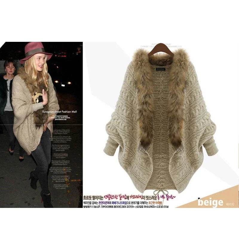 Women Cardigan Sweater Thick Poncho Capes Autumn Winter Femme knitted Bat Sleeve Fur Collar Wool Sweater Knitted Long Cardigan - AIAZ
