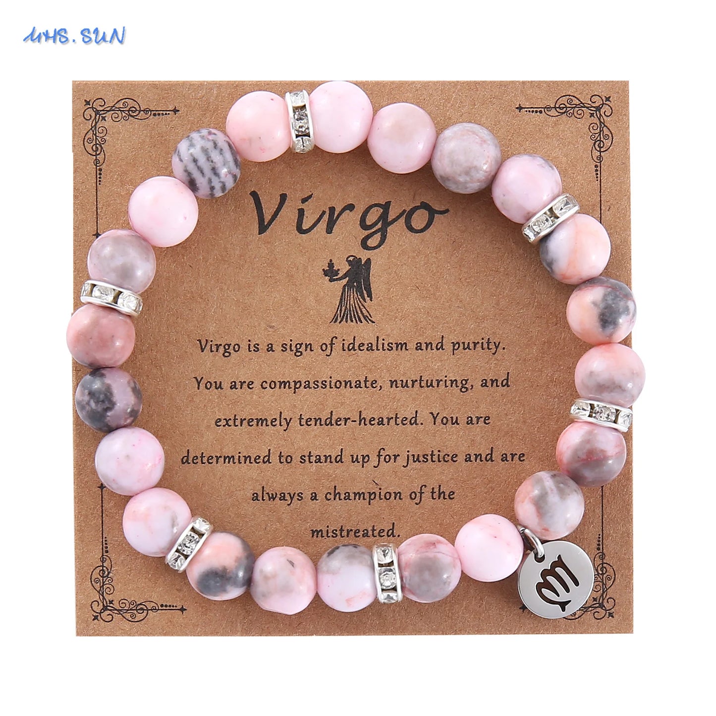MHS.SUN 12 Star Zodiac Sign Pink Zebra Stone Beaded Bracelets Constellation Fashion Birthday Party Jewelry For Women Men