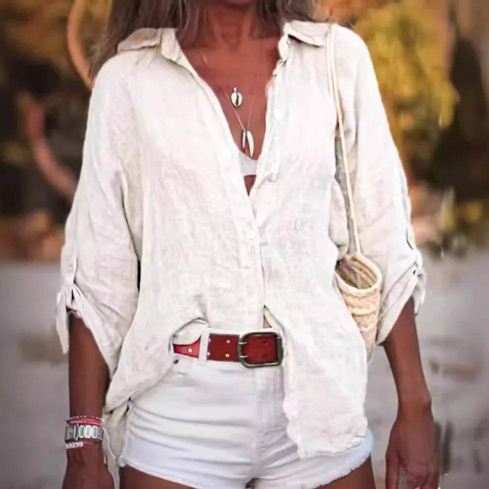 Women Cotton Linen Blouse Shirt Summer Female Turn Down Collar Three Quarter Loose Blouse Tops Woman shirts & blouses - AIAZ
