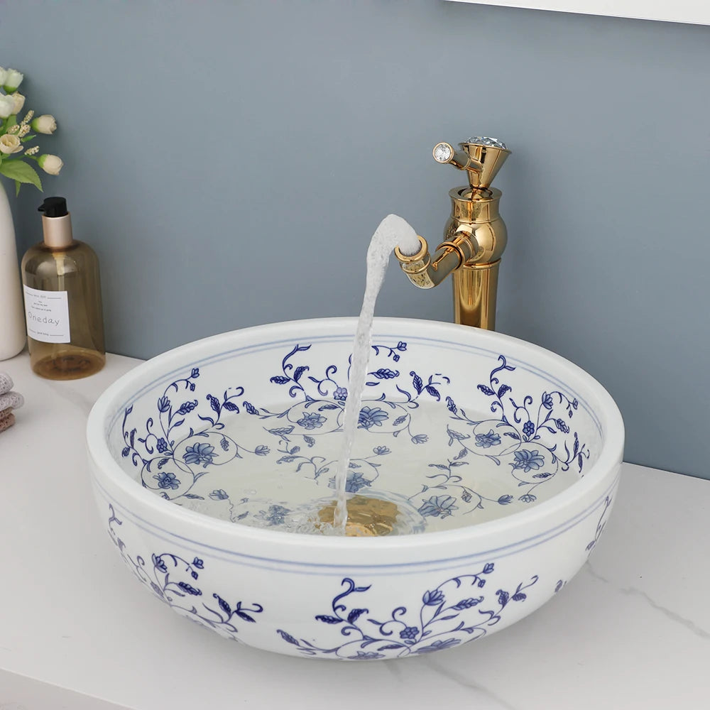 ZAPPO Bathroom Basin Sink Faucet Combo Ceramic Round Wash Basin Bathroom Washbasin Hand Painted Vessel Sink bathroom sinks
