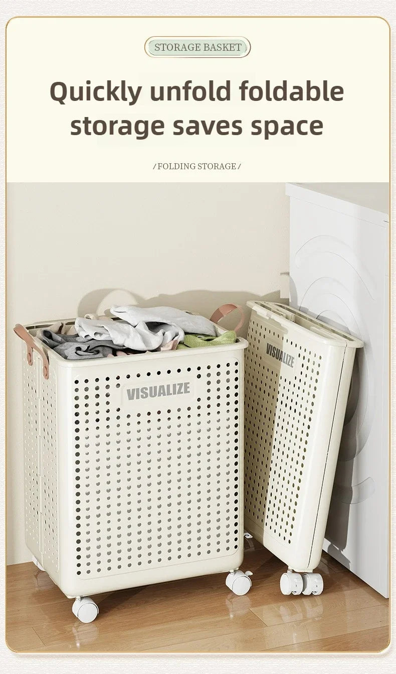 Folding Dirty Clothes Basket with Wheels Movable Laundry Hamper Storage Baskets Bathroom Large Capacity Dirty Clothes Basket
