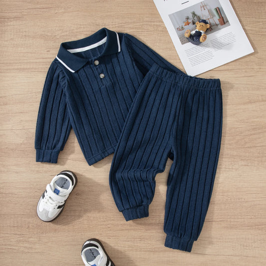 Boys Long Sleeve Lapel Pants Suits Warm Collar Button Two-Piece Set Gentle Autumn Winter Outfit for Kids