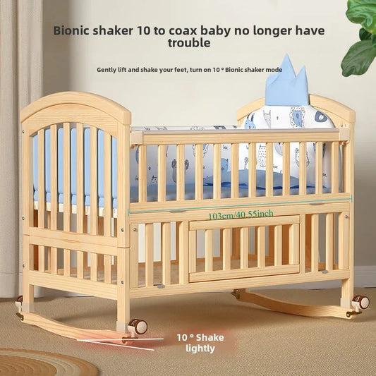 Crib Solid wood newborn baby cradle Multifunctional paint-free movable children's splicing bed air mattress 103 cm long