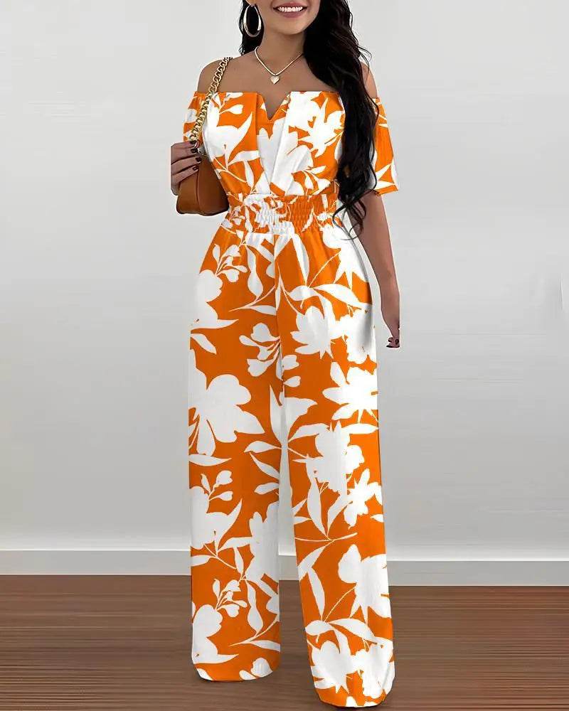 Lady Print High Waist Jumpsuit Sexy Off Shoulder Short Sleeve Wide Leg Pants Jumpsuits Women Fashion Casual Summer Women Clothes - AIAZ