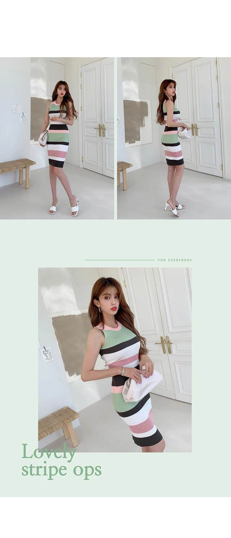 H Han Queen Elegant Occupation Sleeveless Knitted Dress Women Autumn Stretch Striped Bodycon Dresses Wear To Work Pencil Vestido - AIAZ