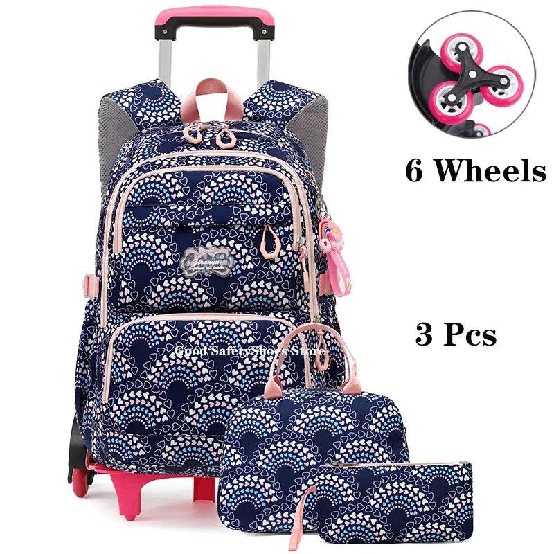 Rolling School Bags for Girls Backpack Children Waterproof School Backpacks with Wheels Middle School Trolley Luggage Back Pack - AIAZ