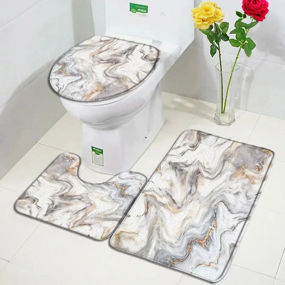 Abstract Marble Bath Mat Sets Modern Geometric Gold Lines Blue Texture Pattern Bathroom Decor Carpet Non-Slip Rugs Toilet Cover
