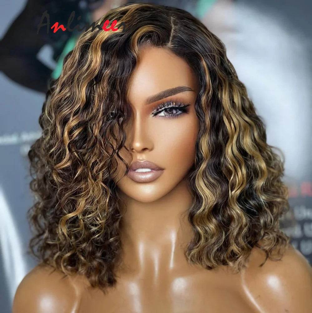 Silk Base Wig Strawberry Blone Highlight Wigs Short Curly Lace Front Wigs Human Hair Pre Pluncked With Baby Hair for Black Women - AIAZ