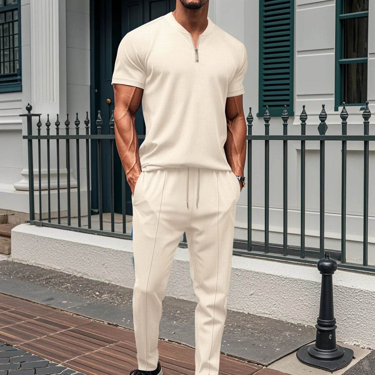 2025 Men's new summer suit Waffle collar solid color zipper short sleeve pants suit fashion casual loose sportswear - AIAZ