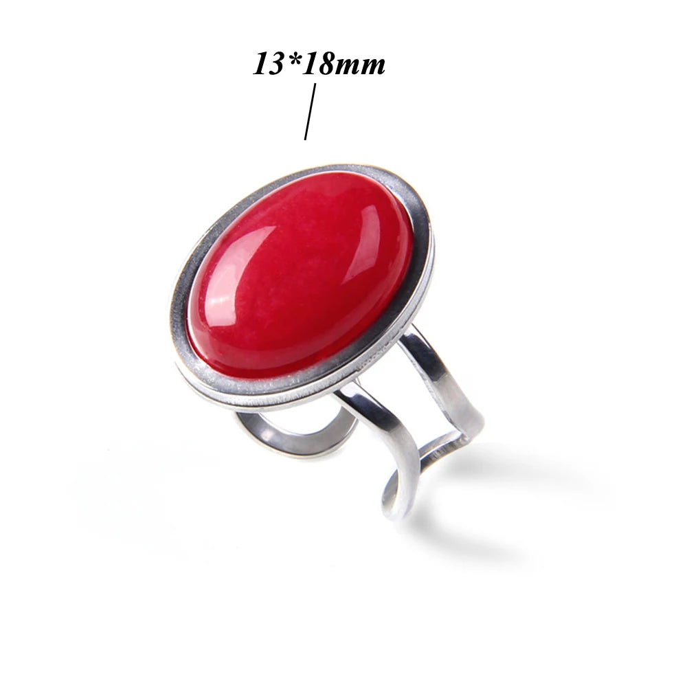Cabochon Natural Stone Ring 10*14MM Oval Agates Turquois Quartzs Gem Finger Ring Silver Color Adjustable Open Rings Jewelry Gift