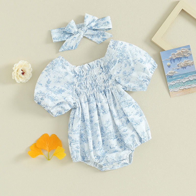 Citgeett Summer Infant Baby Girls Bodysuit Floral Print Puff Sleeve Clothes Jumpsuits Headband Blue Suit