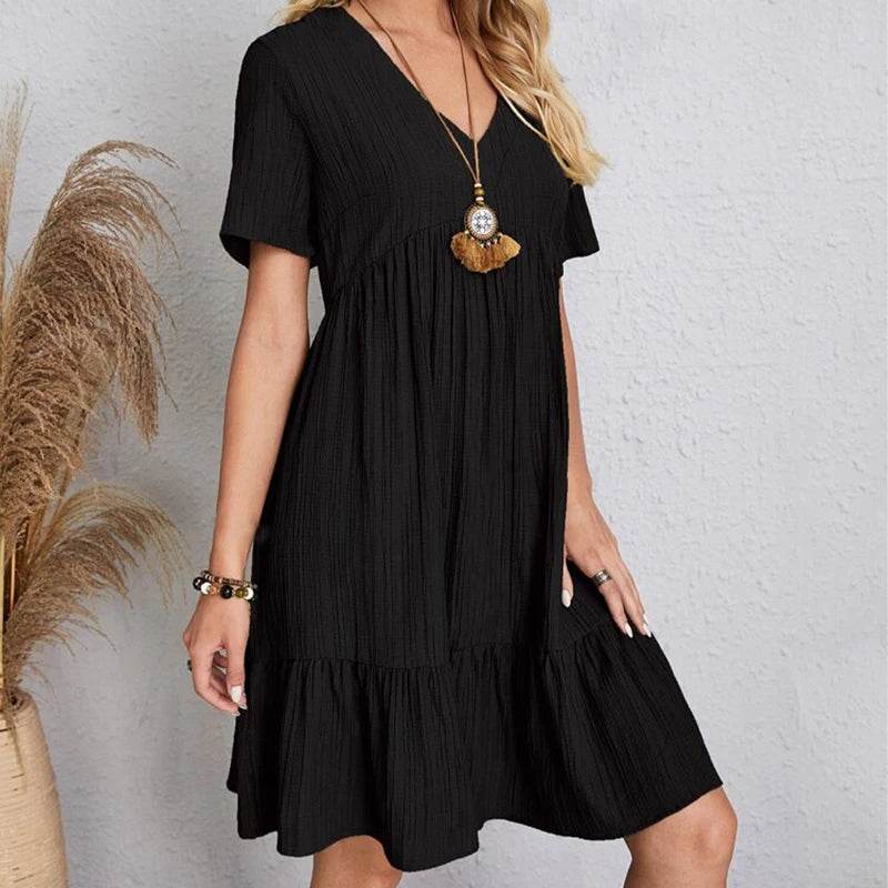 Women Mini Dress Summer Casual Solid V Neck Ruffles A-line Dress Female Fashion Holiday Boho Loose Beach Elegant Dresses Vestido - AIAZ