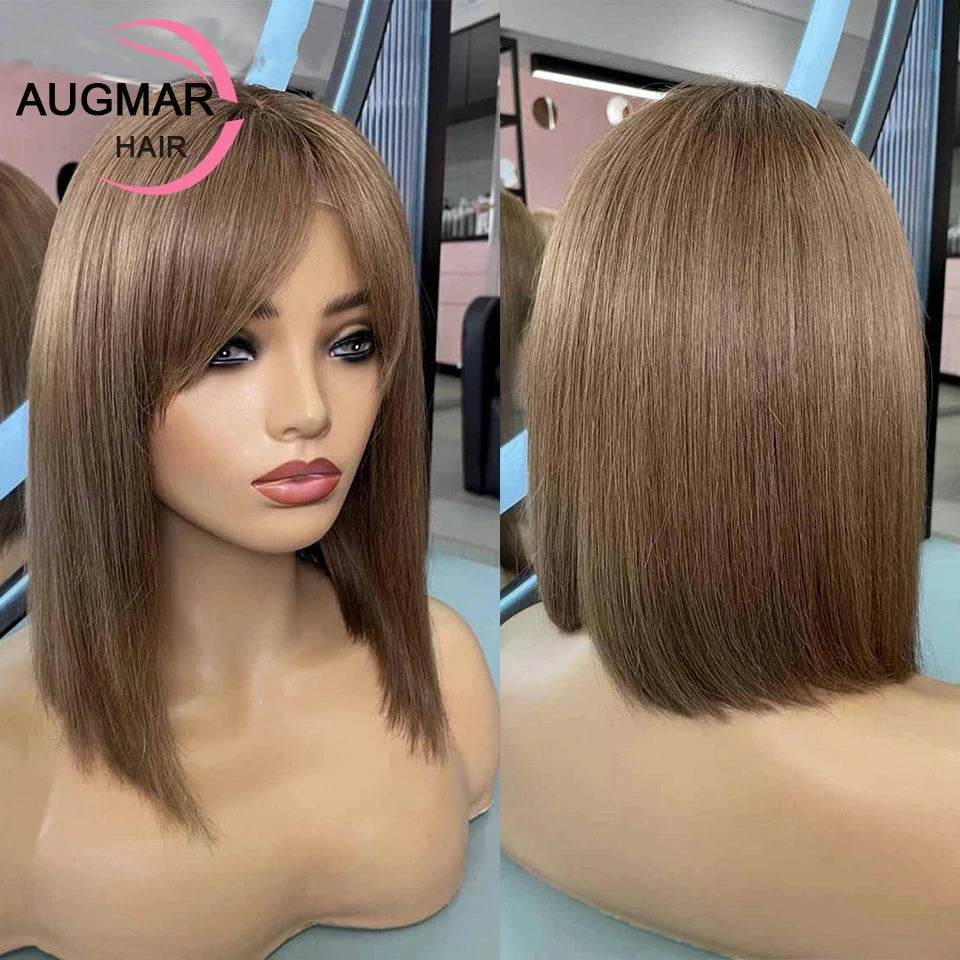 13x6 Chestnut Brown Bob Hair Wig Human Hair Lace Frontal Wig With Bangs Brazilian 13x4 Short Straight Lace Front Wigs For Women - AIAZ