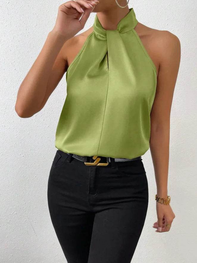 2025 Women's Tanks Top Camis Hanging Neck Strap Design Satin Gloss Loose Sleeveless Blouses Blusas Mujer Moda Black Sexy Shirt - AIAZ