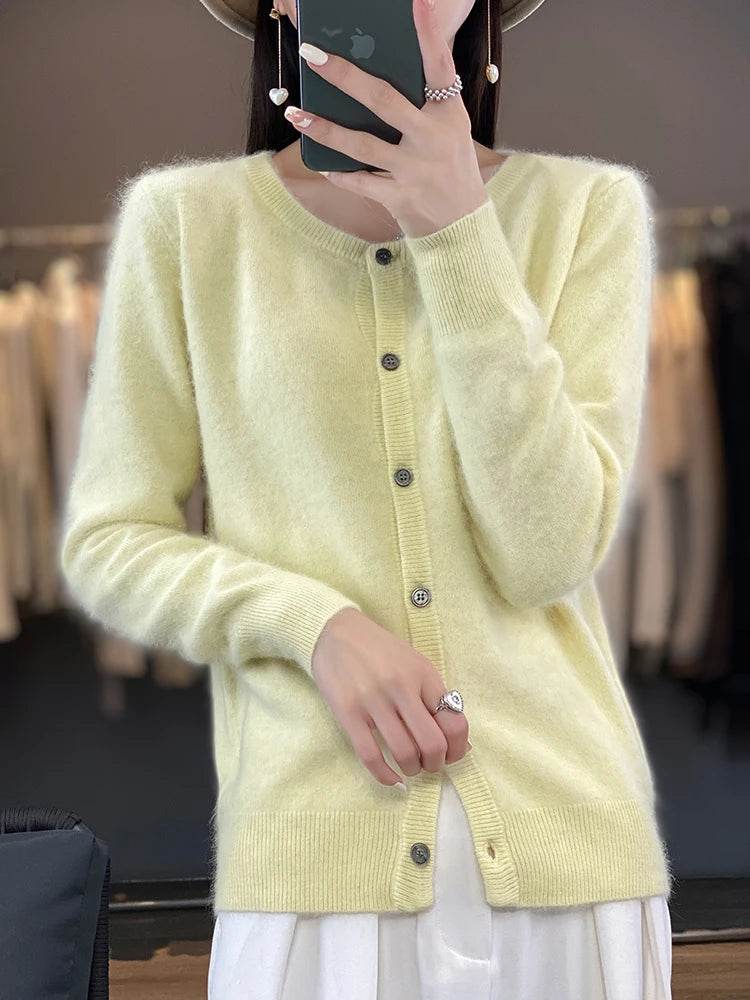 Women's Cardigan 100% Mink Cashmere Sweater,O-Neck Long Sleeve Top,Plus-Size Loose,Spring and Autumn Soft Knitted Jacket Female - AIAZ