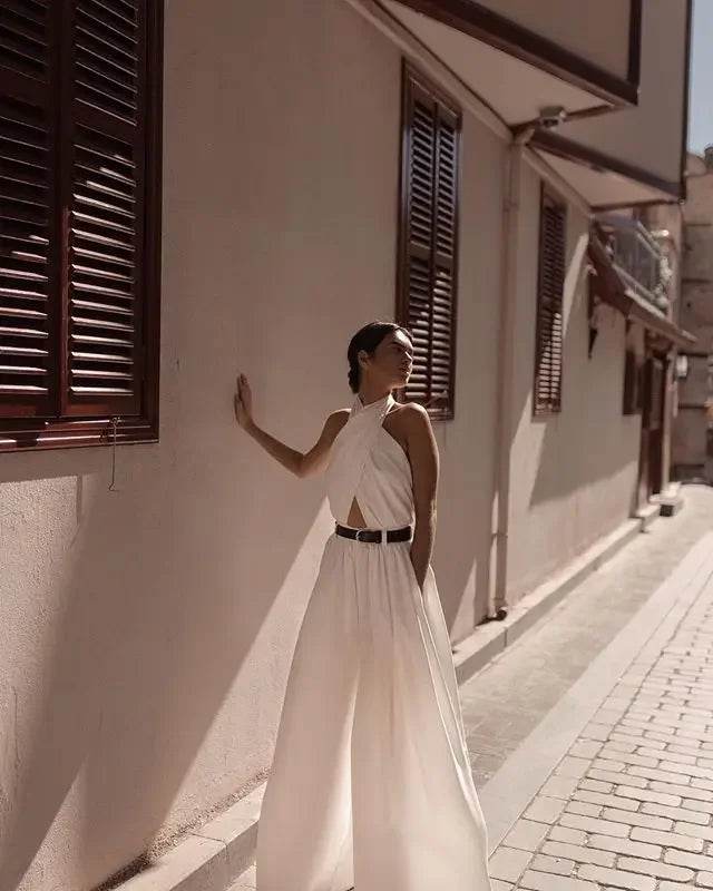 Women Sexy Backless Jumpsuits Halte Sleeveless Slim High Waist Sping Summe Thin Lady Elegant Streetwear Long Wide-leg Pants - AIAZ
