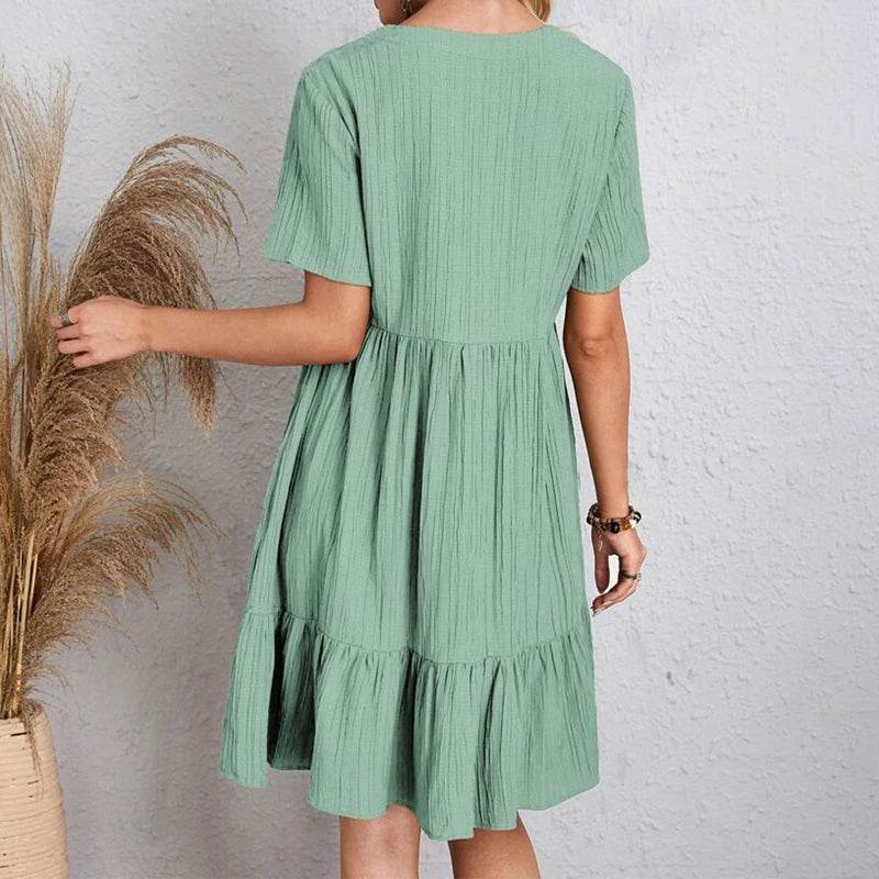 Women Mini Dress Summer Casual Solid V Neck Ruffles A-line Dress Female Fashion Holiday Boho Loose Beach Elegant Dresses Vestido - AIAZ