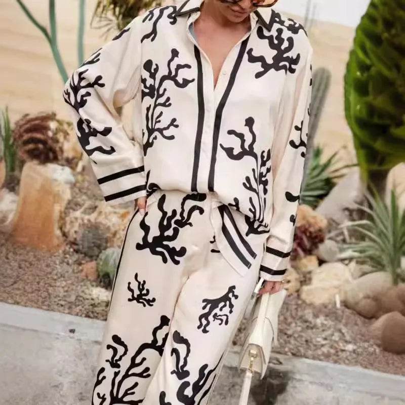 Fashion Prints Set Women Casual Autumn Long Sleeves Shirt Tops And Vintage Elastic Waisted Pants Chic Female Two Piece Sets New - AIAZ