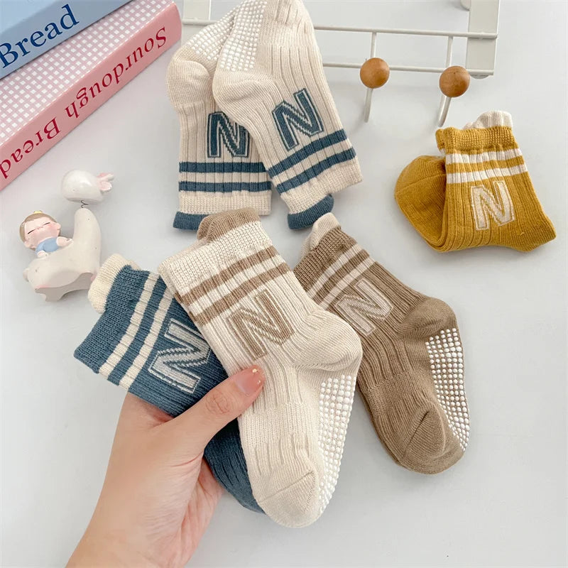 3Pairs/Lot Baby Letter Non-slip Socks Soft Cotton Short Kids Sock Infant Toddler Boys Girls Cute Stripe Socken For 0-5Years