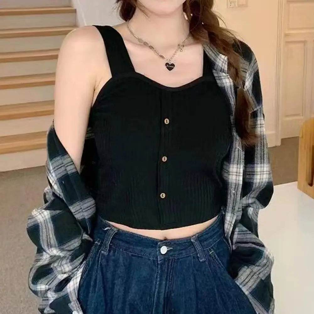 Women's Ribbed Tank Tops Y2K Cropped Tops with Bra Pads Knitted Button Down Suspenders Vest Sexy Camisole Female Short Tops - AIAZ