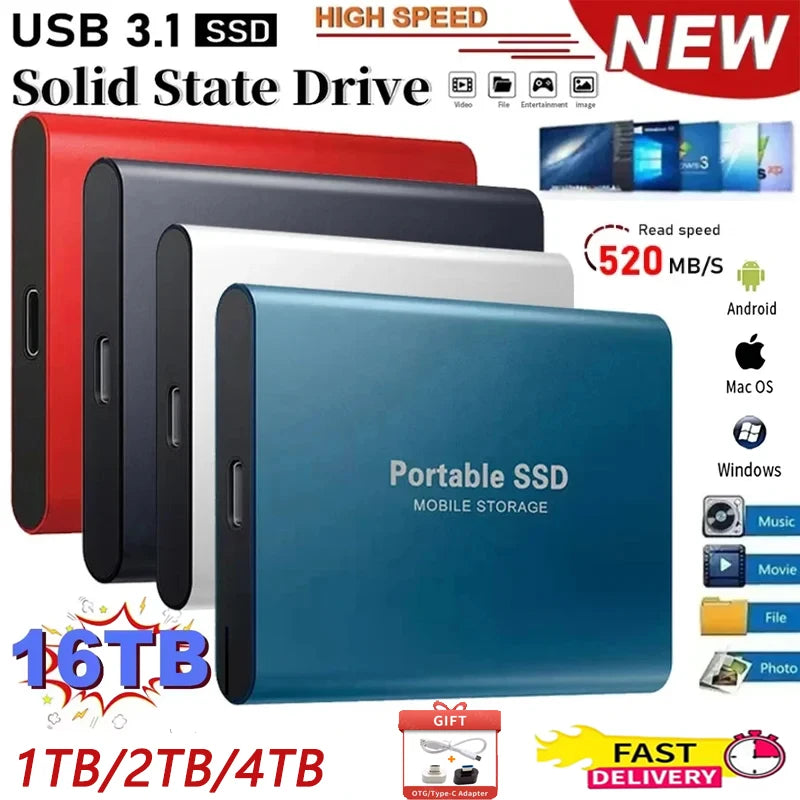 High-Performance SSD 1TBOriginal Hard Drive 128TB Ultra - Thin External Hard Disk 256TB USB3.1 for MAC/Laptop/Phone/Computer
