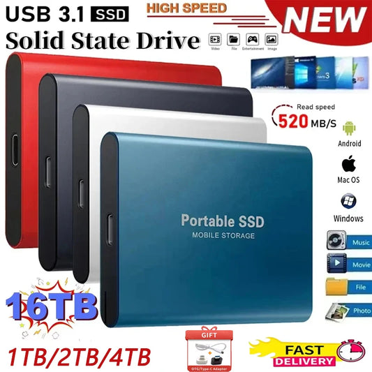 High-Performance SSD 1TBOriginal Hard Drive 128TB Ultra - Thin External Hard Disk 256TB USB3.1 for MAC/Laptop/Phone/Computer