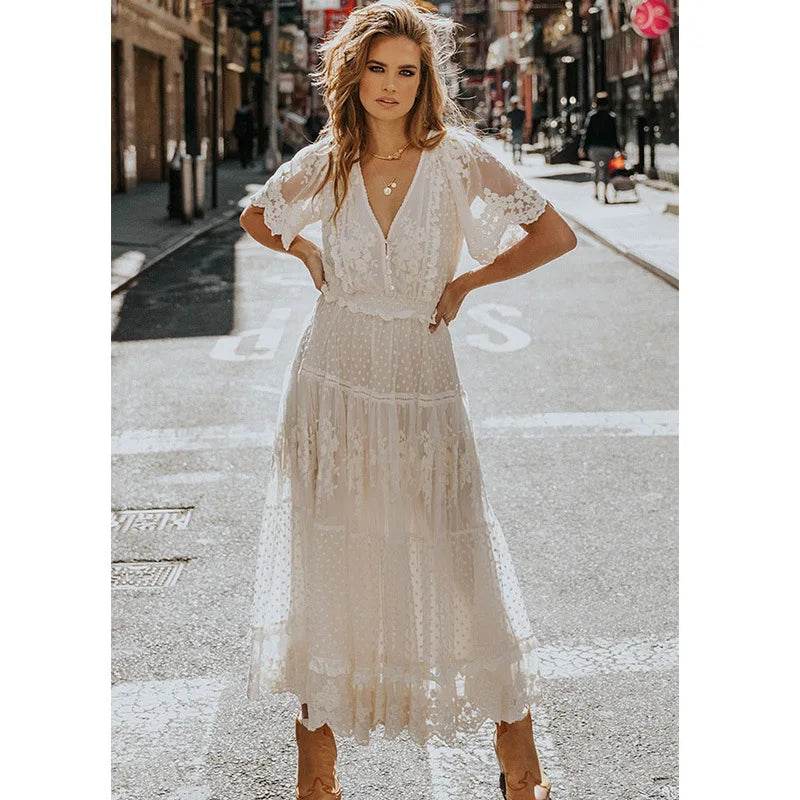 Women's Dress White Hollow Out Cotton Sundress Lace Sleeveless Long Splicing Summer Party Elegant Evening Woman Skirt Clothing - AIAZ