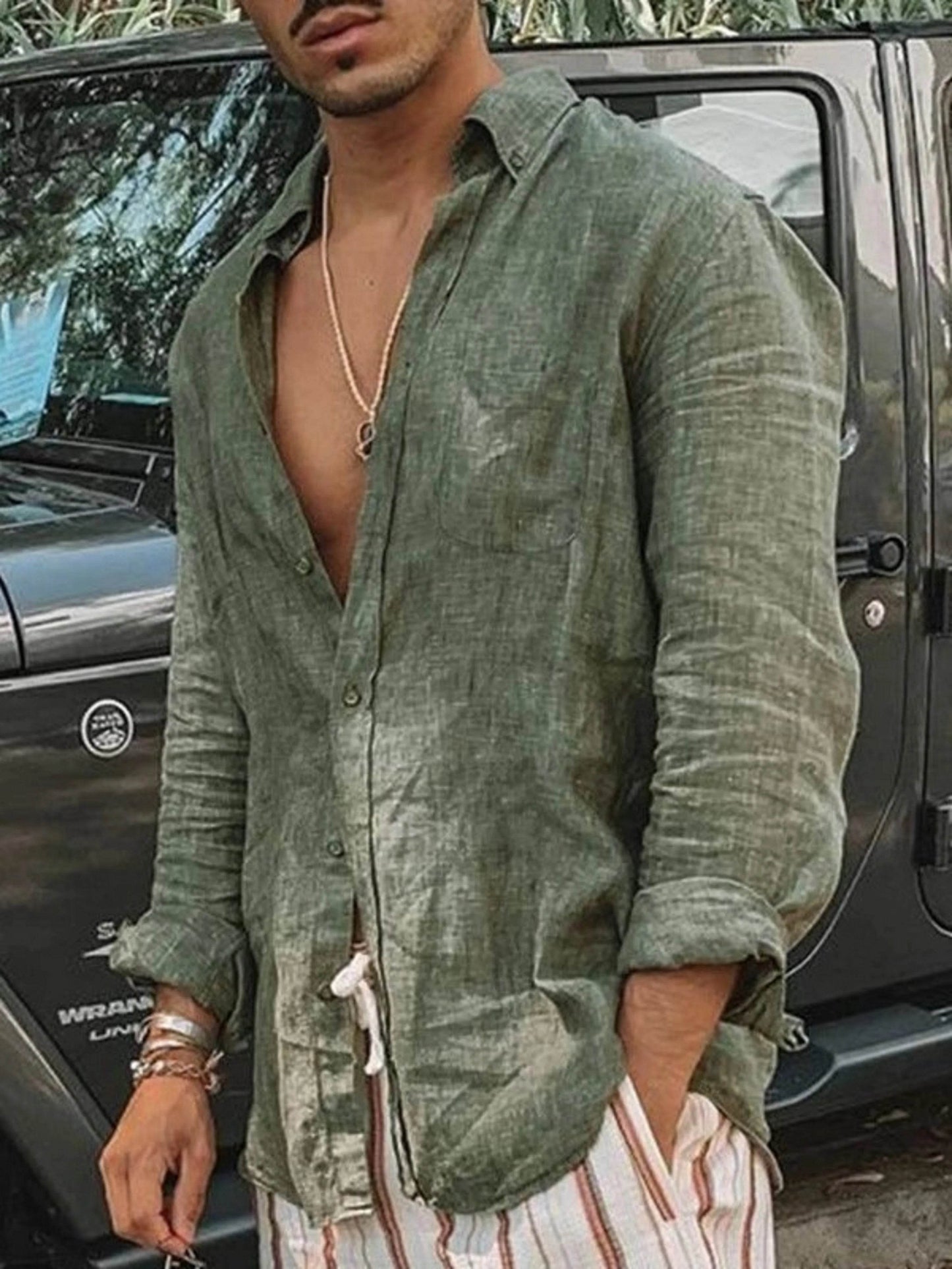 Men's casual fashion solid color thin long-sleeved shirt, lapel cardigan, suitable for outdoor activities - AIAZ