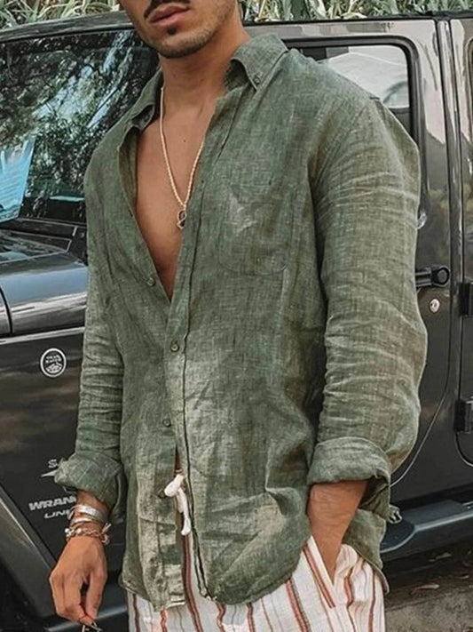 Men's casual fashion solid color thin long-sleeved shirt, lapel cardigan, suitable for outdoor activities - AIAZ