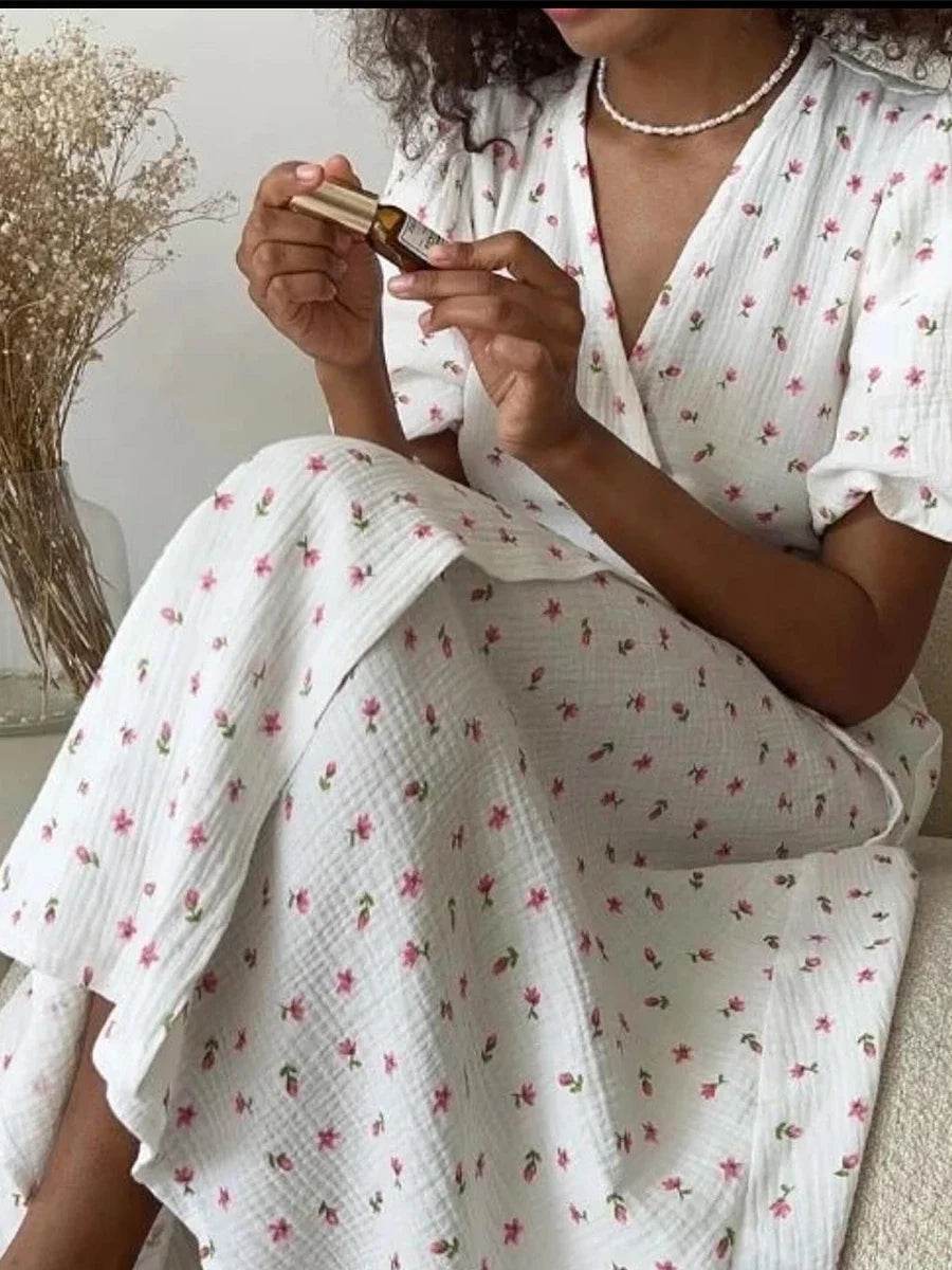 Bornladie Women Psrinted Lace Up Dress Summer Short Sleeve Fashion Office Lady Long Dress 100% Cotton Daily Casual V-neck Skirt - AIAZ