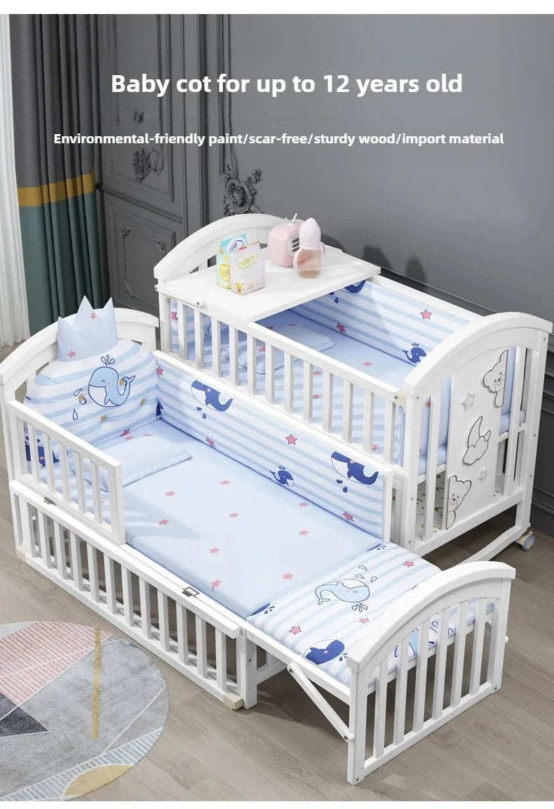2025New Solid Wood Baby Crib Movable Splicing Bed Multifunctional Baby Rocking Bed Adjustable Guardrail Height with Mosquito Net