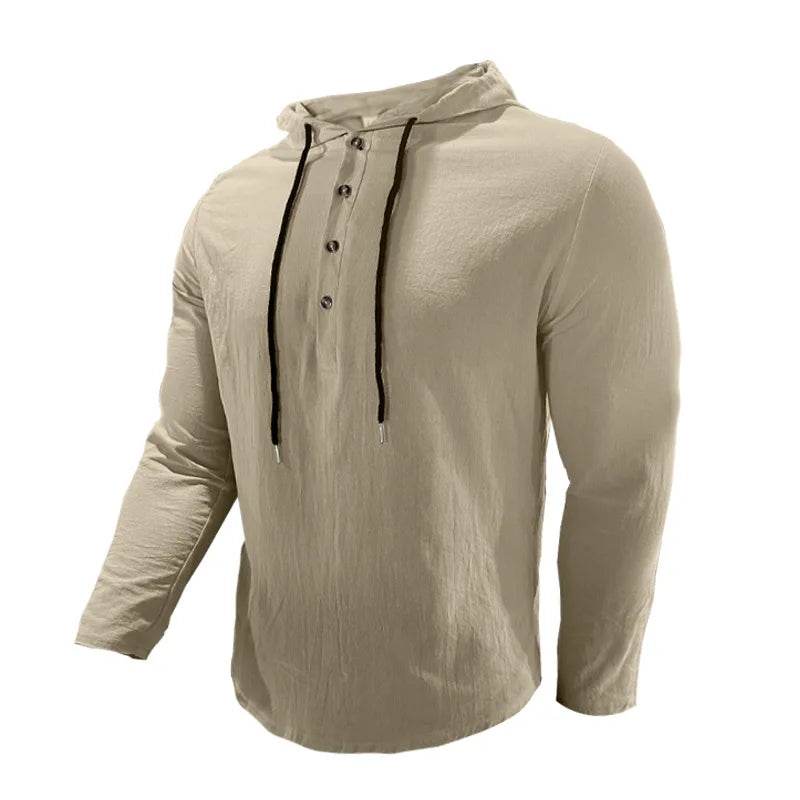 24 New cotton and linen shirts hooded loose large size casual sweater long sleeve hoodie men - AIAZ