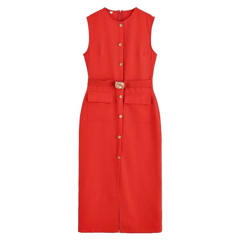 MUJER 2025 Womens Dresses Black Office Long Dresses for Women Spring Sleeveless Midi Dress Woman Belt Button Women's Dress Vest - AIAZ