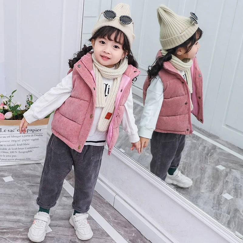 Children Autumn Winter Warm Vest Girls Casual Solid Color Jacket Boys Simple Fashion Collar Thickened Corduroy Waistcoat 2-10T
