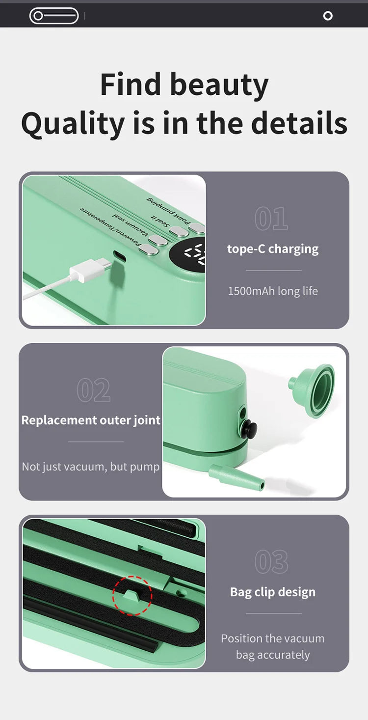 2-in-1 Vacuum Sealer with USB-Rechargeable Portable,with 3 modes vacuum sealant, for fruits, meat, etc. to keep fresh