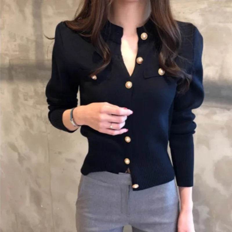 Women's Cardigan Sweater Decorative Pocket Button Solid Color Knitted Single-Breasted Jacket Women's Clothing - AIAZ